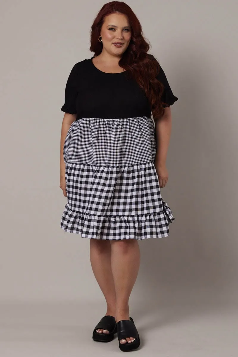 Black Check Smock Dress Short Sleeve Tiered