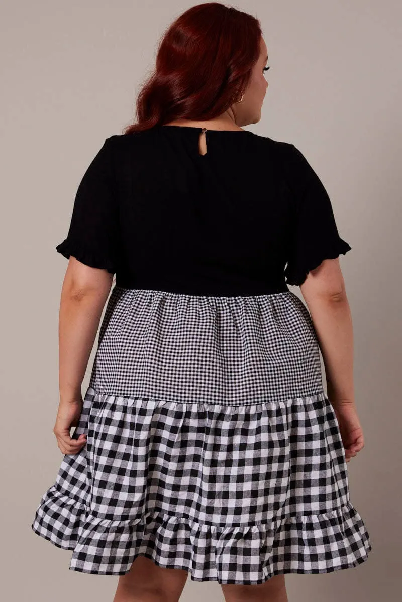 Black Check Smock Dress Short Sleeve Tiered