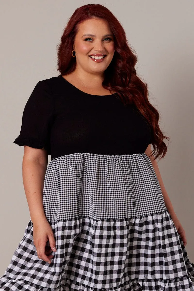 Black Check Smock Dress Short Sleeve Tiered