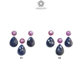 Blue & Pink Sapphire Gemstone Checker And Rose Cut : Natural Untreated Unheated Sapphire Pear Round Shape 6pcs Sets