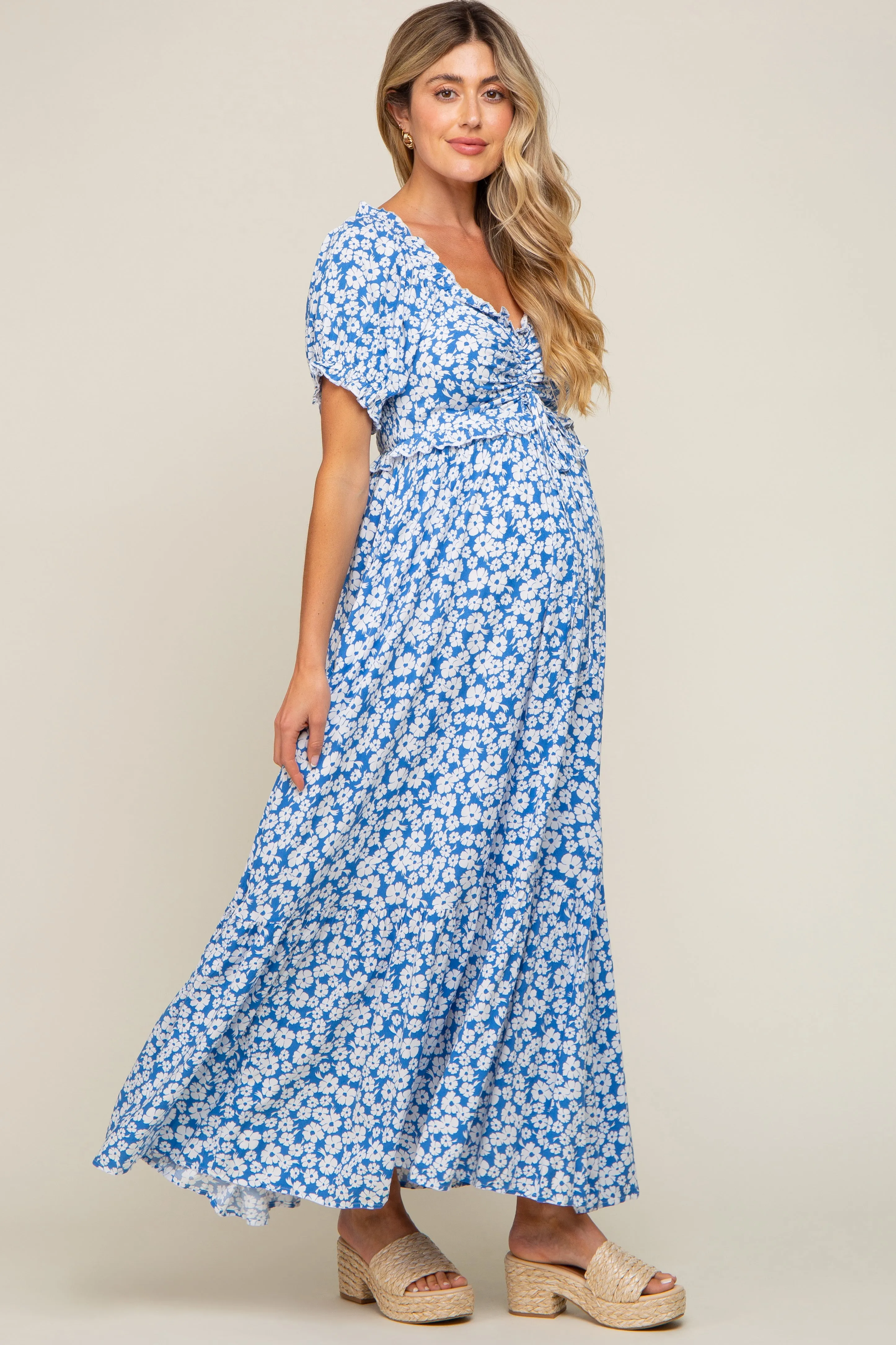 Blue Floral Cinched Bust Maternity Maxi Dress