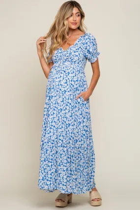 Blue Floral Cinched Bust Maternity Maxi Dress