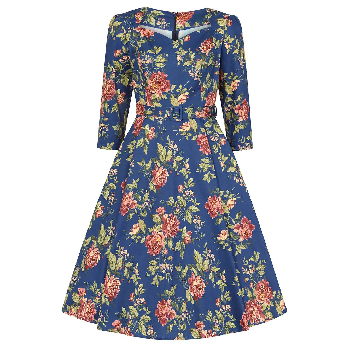 Blue Floral Print 50 Swing Tea Dress w/ Sweetheart Neckline & Pockets