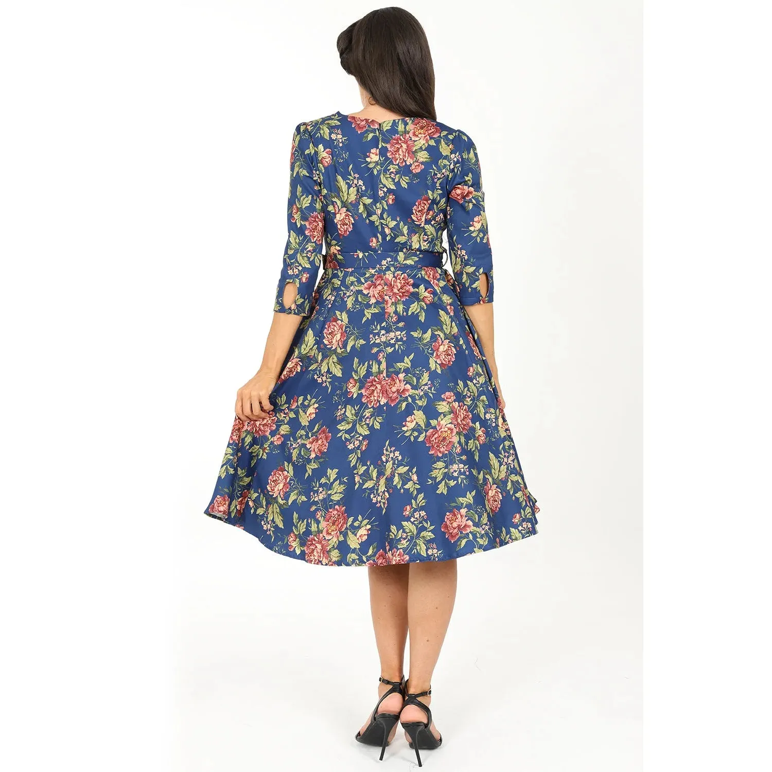 Blue Floral Print 50 Swing Tea Dress w/ Sweetheart Neckline & Pockets