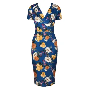 Blue Floral Print Jacquard Pencil Dress With Cap Sleeves & Empire Waist