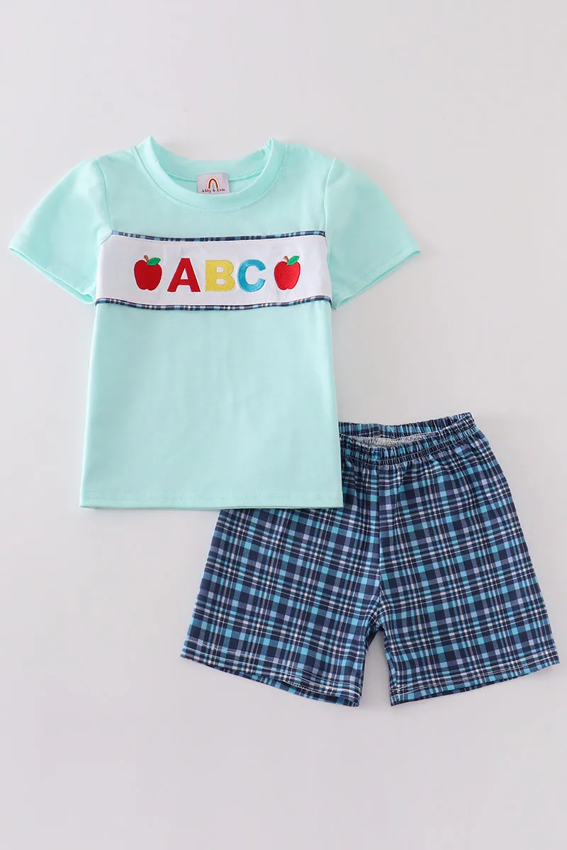 Blue plaid ABC embroidery boy set