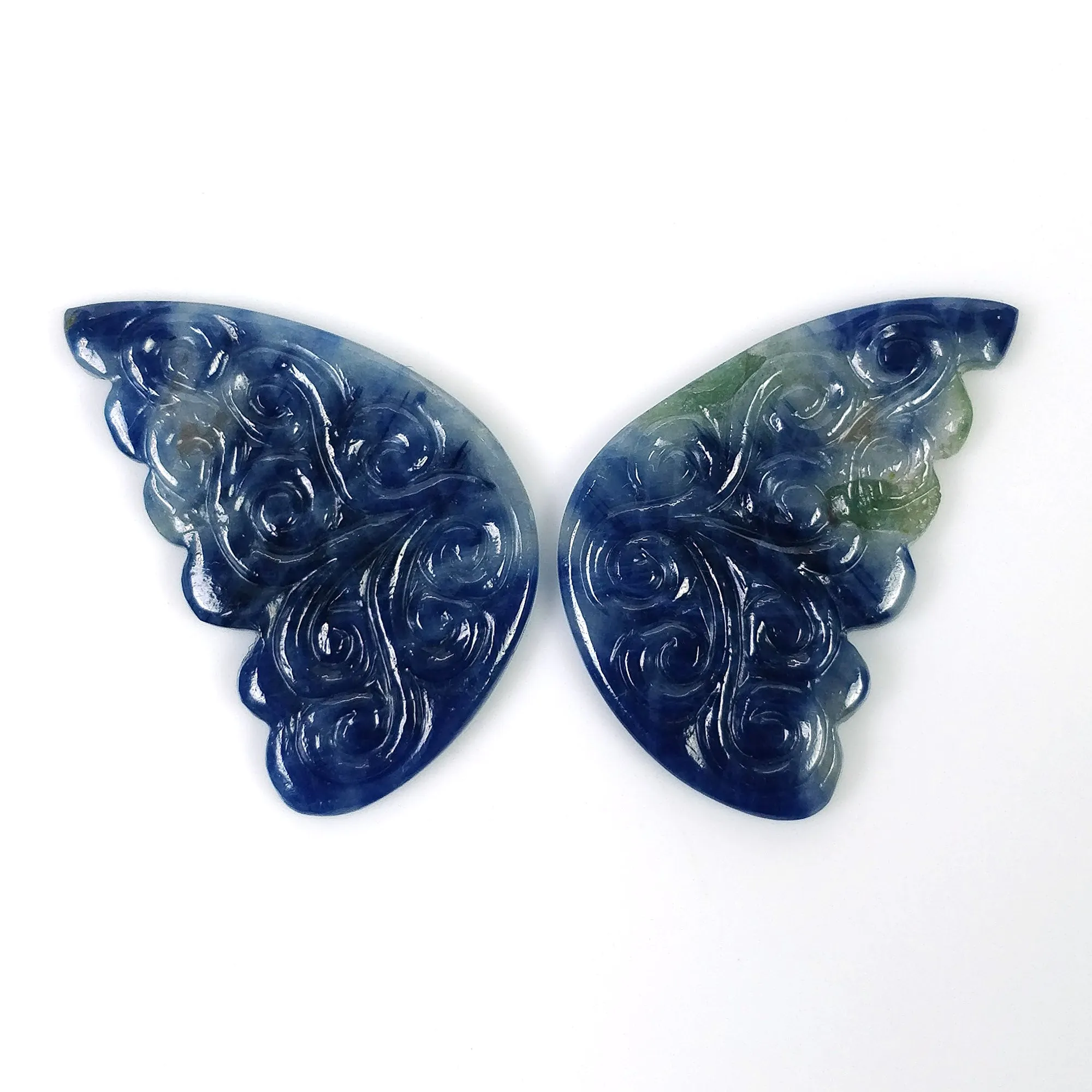 BLUE SAPPHIRE Gemstone Carving : 47.95cts Natural Untreated Sapphire Hand Carved BUTTERFLY 34*21mm Pair (With Video)