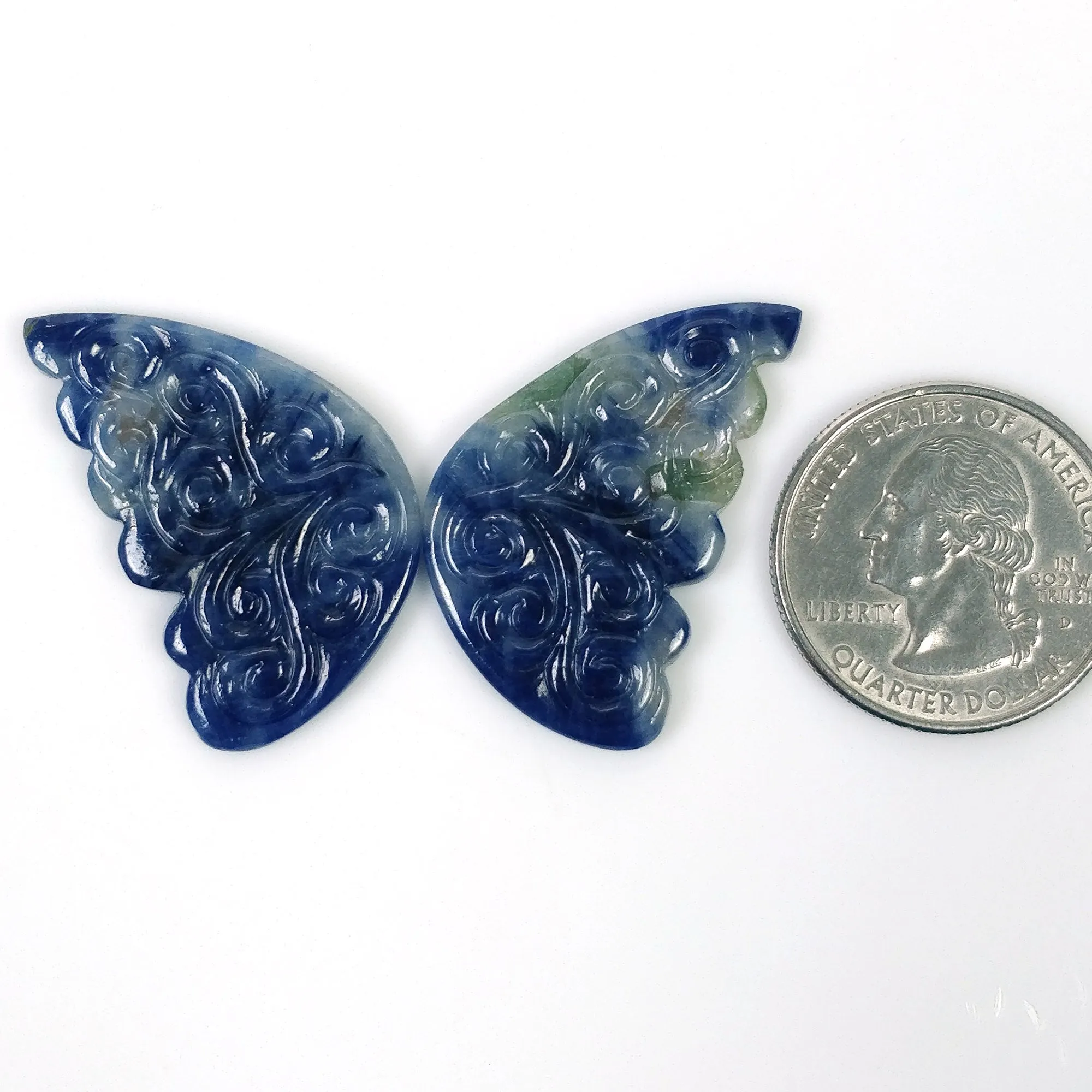 BLUE SAPPHIRE Gemstone Carving : 47.95cts Natural Untreated Sapphire Hand Carved BUTTERFLY 34*21mm Pair (With Video)