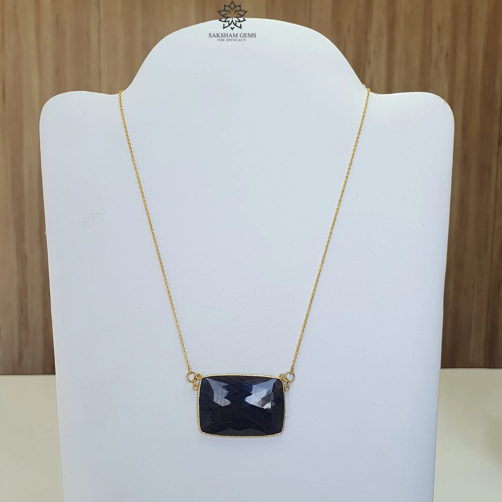 BLUE SAPPHIRE Gemstone Necklace : 17.35 Natural Sapphire Rose Cut 925 Sterling Silver Yellow Gold Plated Chain Necklace For Women 20"