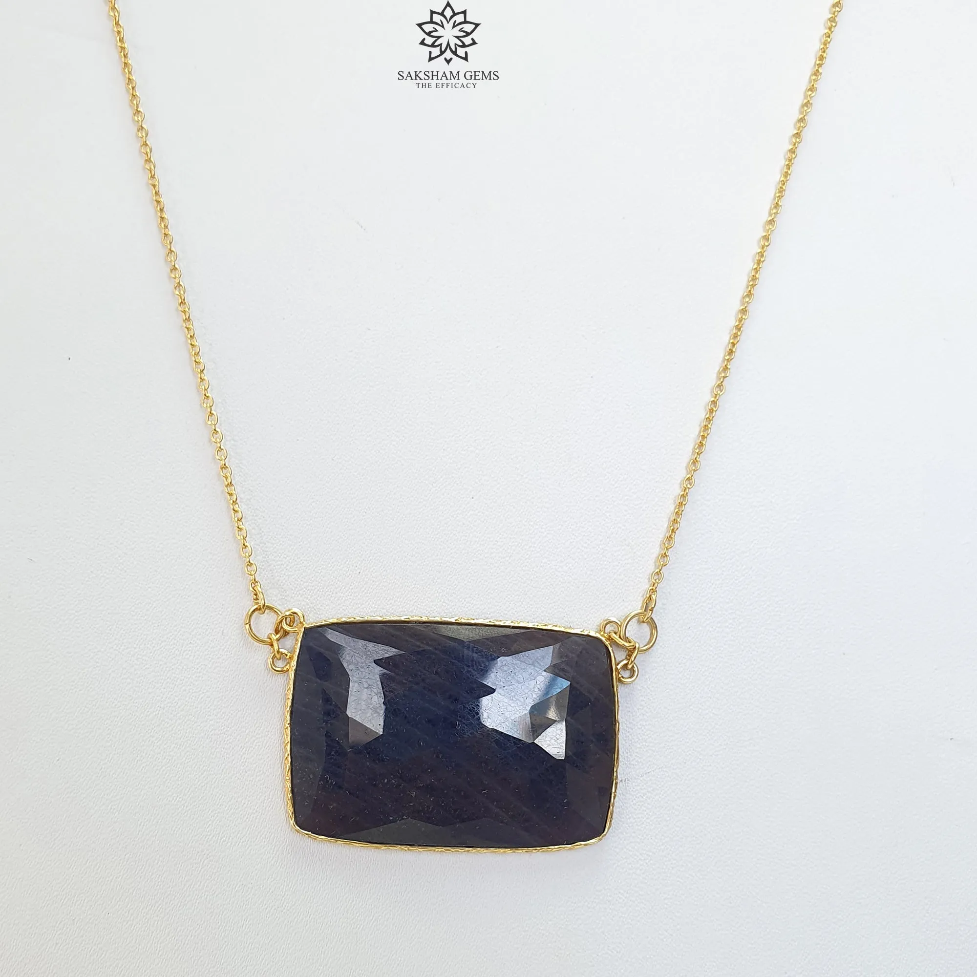 BLUE SAPPHIRE Gemstone Necklace : 17.35 Natural Sapphire Rose Cut 925 Sterling Silver Yellow Gold Plated Chain Necklace For Women 20"