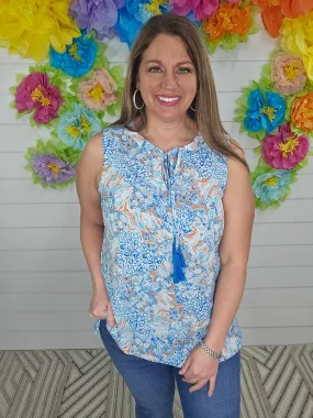 BLUE/WHITE FLORAL PEASANT TIE TANK