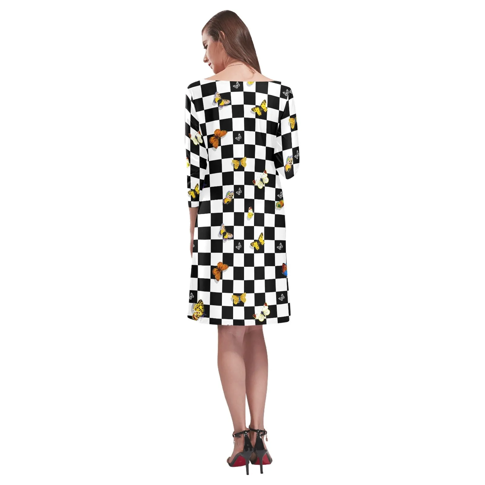 butterfly checker bw print Rhea Loose Round Neck Dress(Model D22)