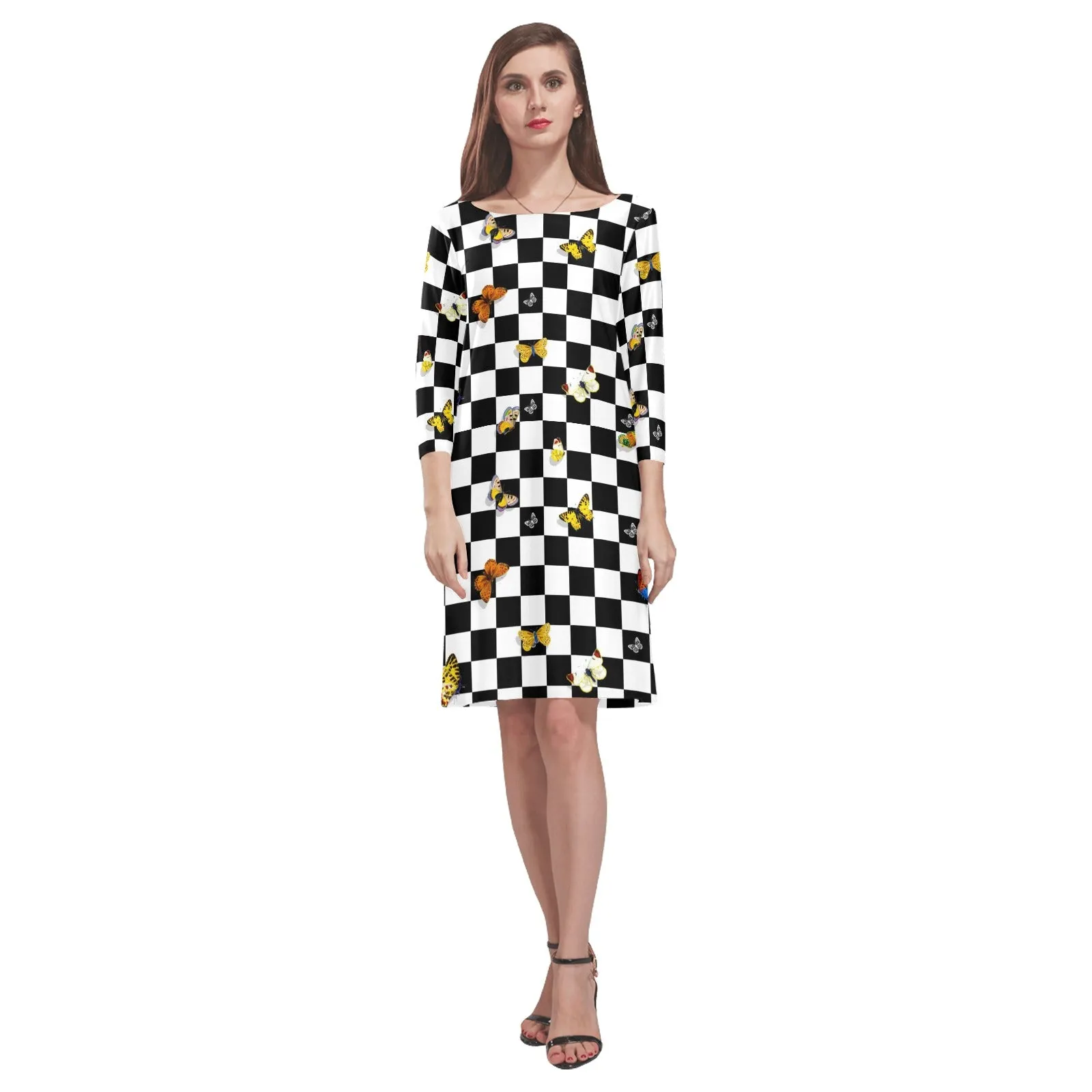 butterfly checker bw print Rhea Loose Round Neck Dress(Model D22)