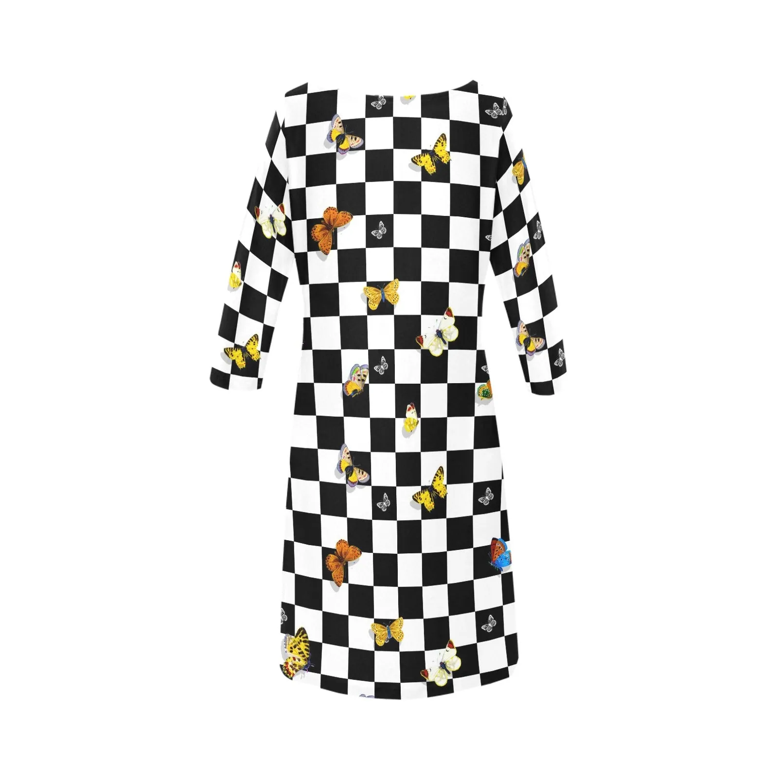 butterfly checker bw print Rhea Loose Round Neck Dress(Model D22)