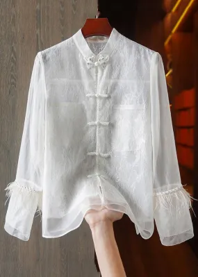 Chinese Style White Feathers Lace Patchwork Shirt Long Sleeve QA1055