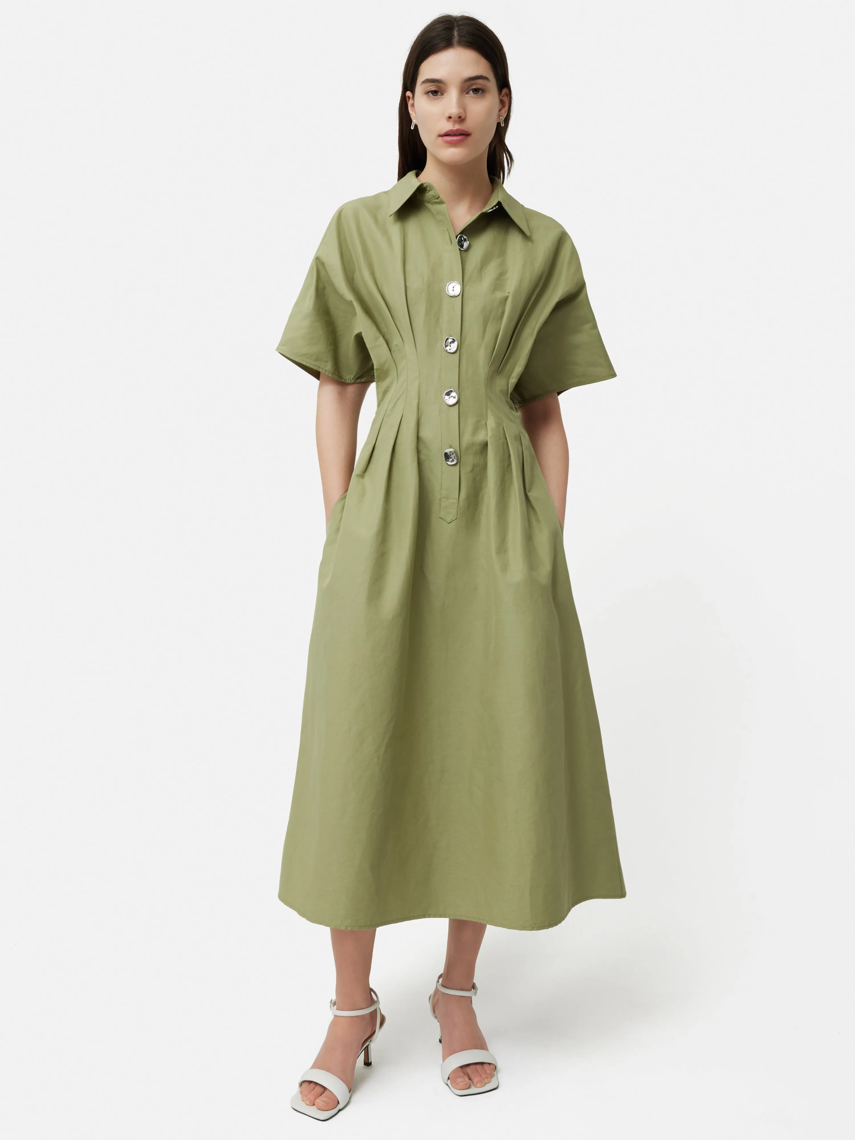 Cotton Stitched Pleat Dress | Green