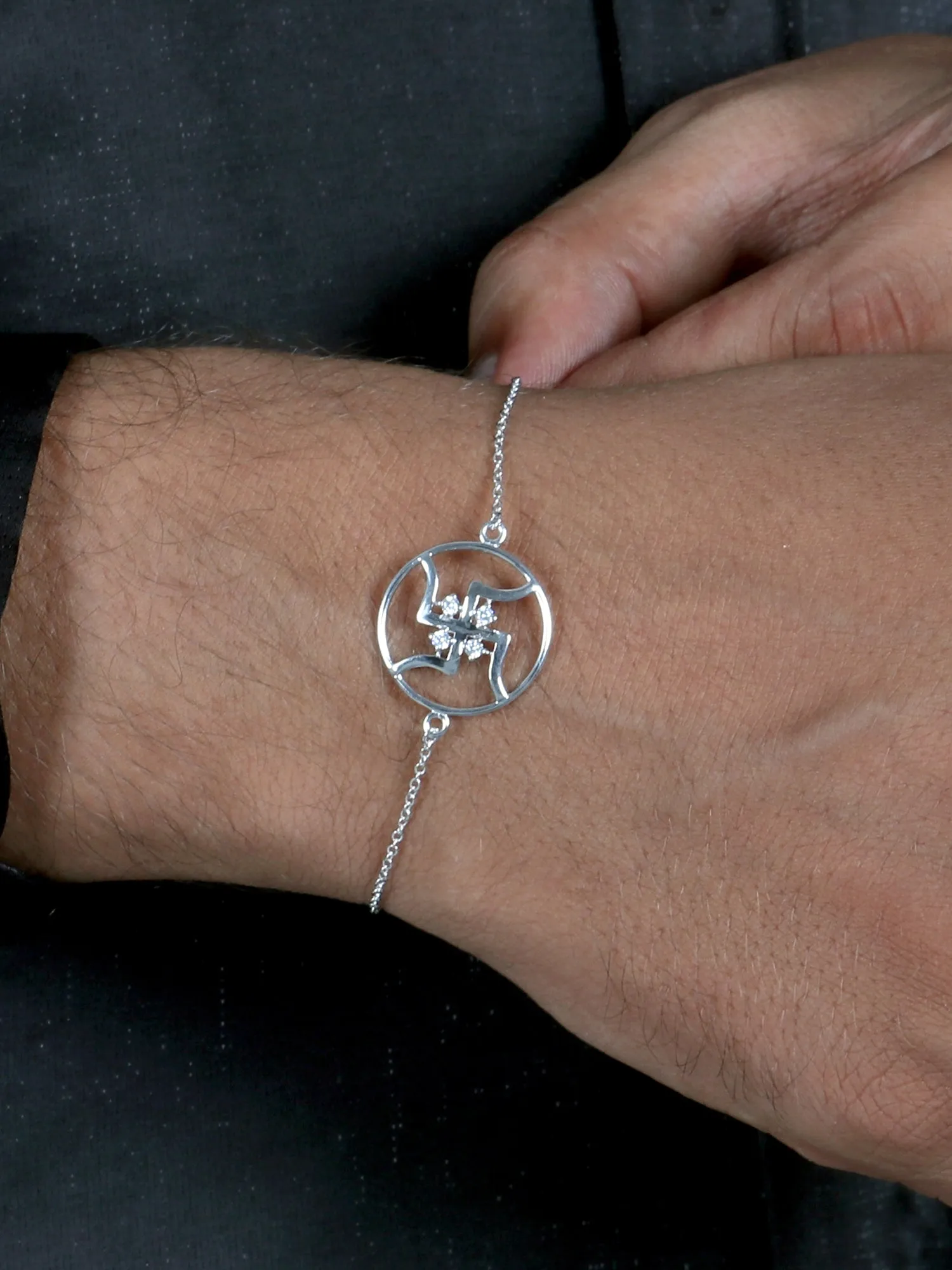 Deal Of The Month -  American Diamond Studded Swastik 925 Silver Bracelet For Him