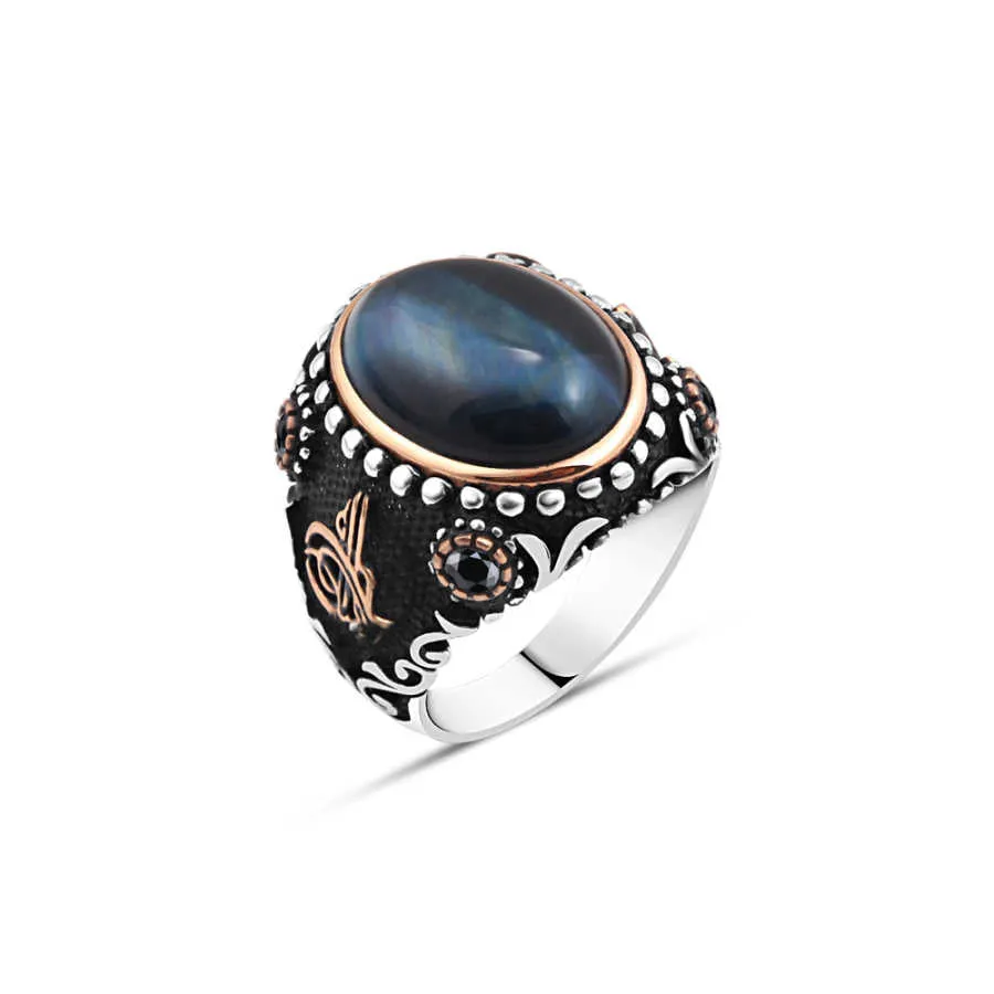 Domic Blue Tiger Eye Stone Ellipse Silver Men's Ring Siding Ottoman Tughra and Zircon Stones