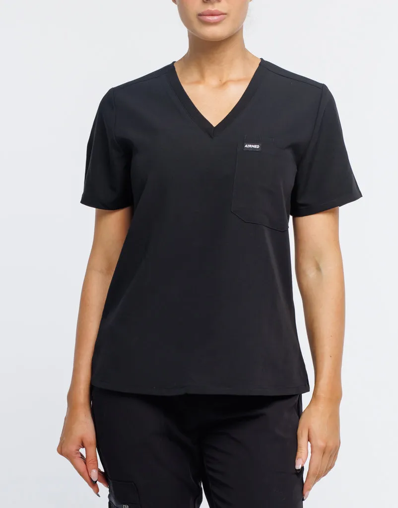 Essential One Pocket V Neck Scrub Top - Black