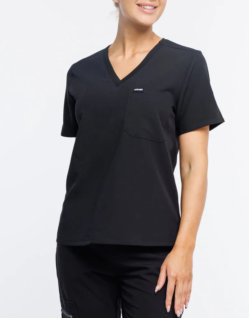 Essential One Pocket V Neck Scrub Top - Black