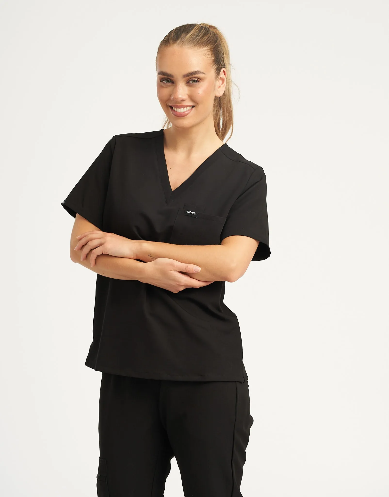 Essential One Pocket V Neck Scrub Top - Black