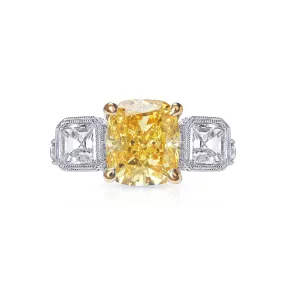 Esther 6 Carat Fancy Vivid Orangey Yellow VS1 Cushion Cut Earth Mined Diamond Engagement Ring Three Stone. GIA