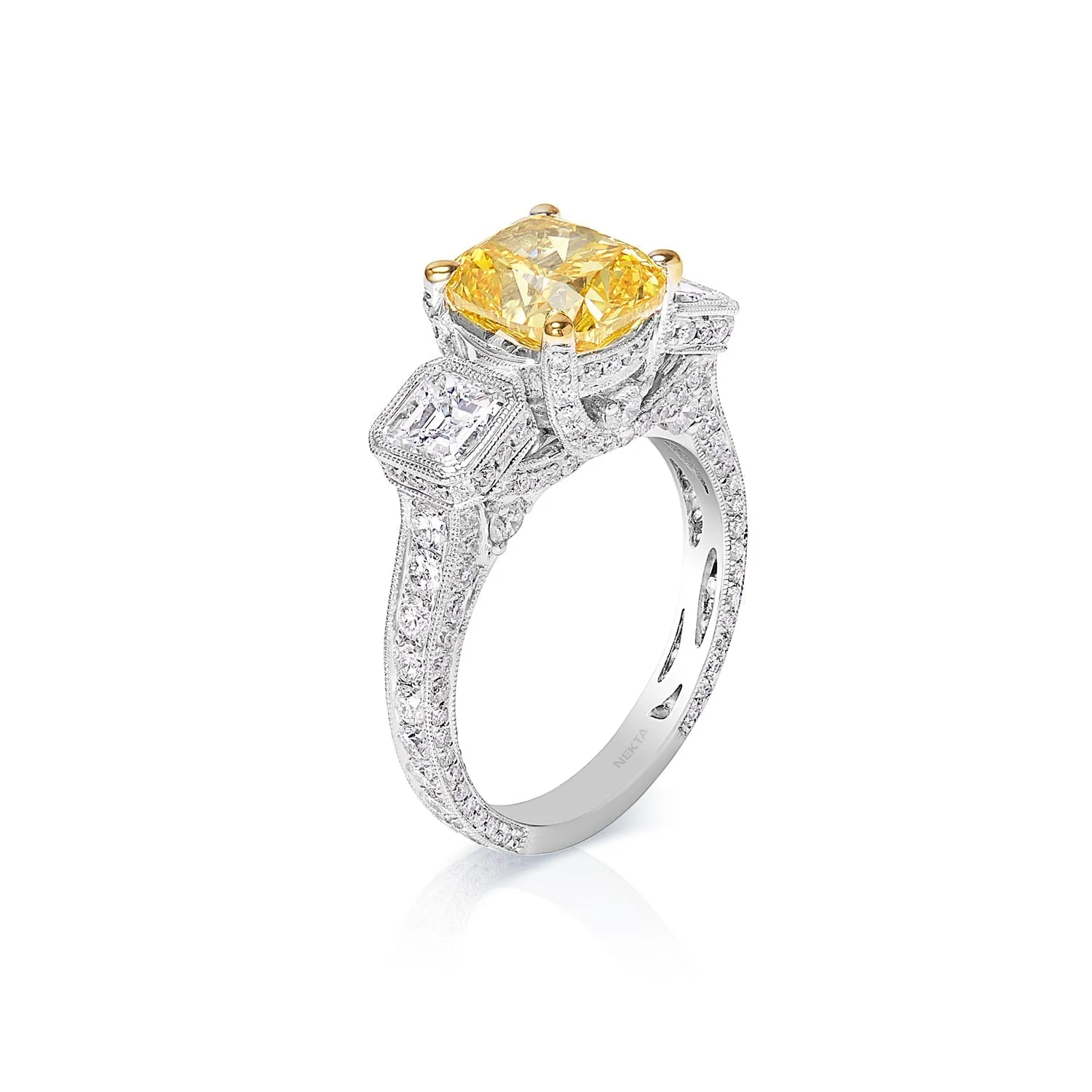 Esther 6 Carat Fancy Vivid Orangey Yellow VS1 Cushion Cut Earth Mined Diamond Engagement Ring Three Stone. GIA