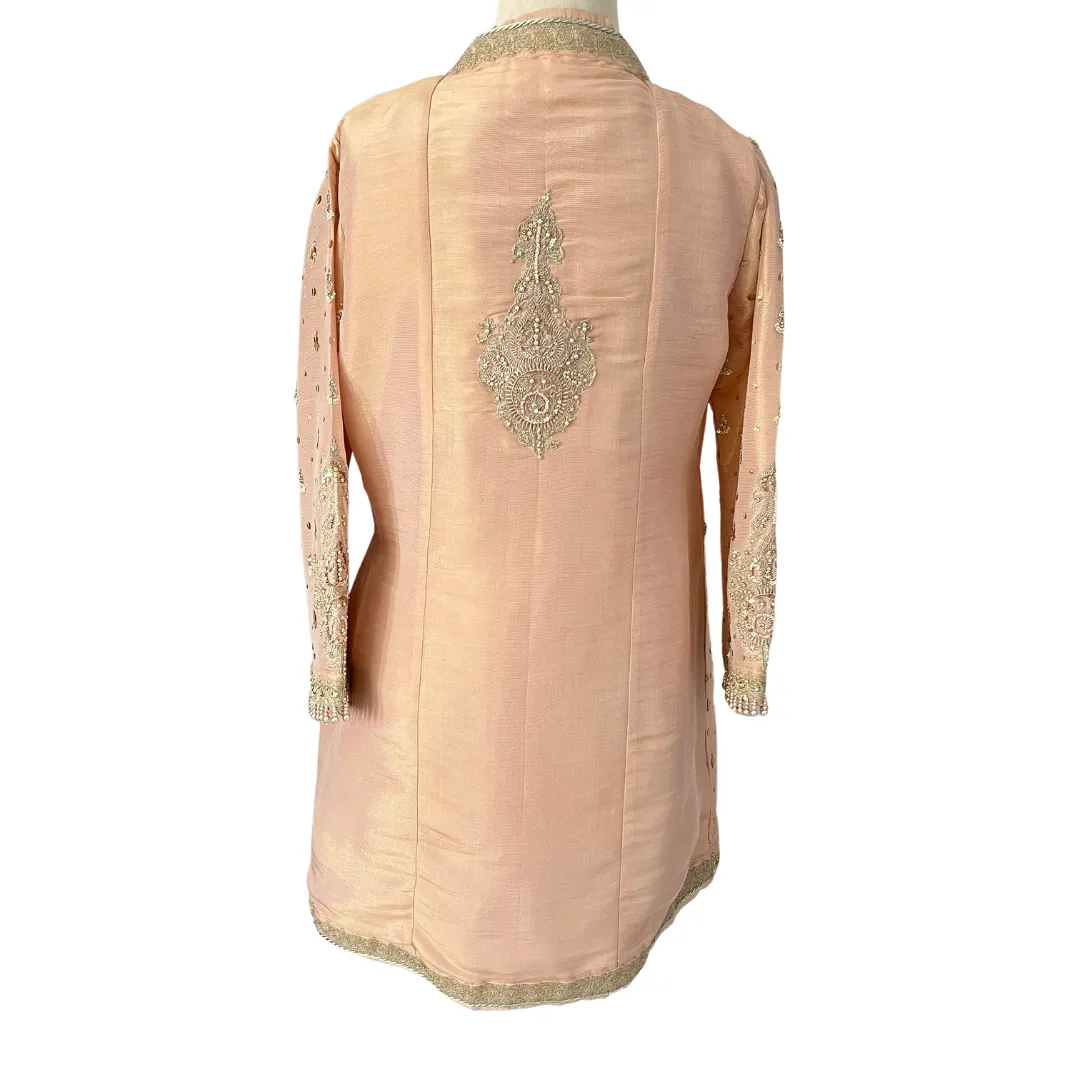 Farah Talib Aziz Pale Pink Silk 'Amira' Embroidered Wrap with Pants | Brand New |