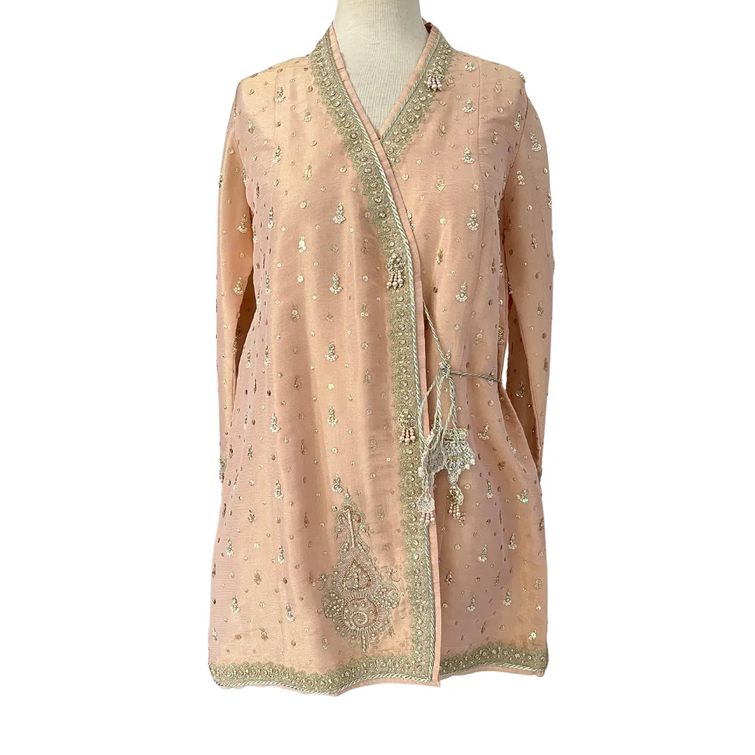 Farah Talib Aziz Pale Pink Silk 'Amira' Embroidered Wrap with Pants | Brand New |