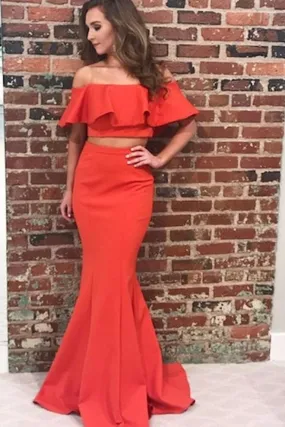 Flounced Off the Shoulder Satin Prom Dresses Two Piece Mermaid Long Formal Dress