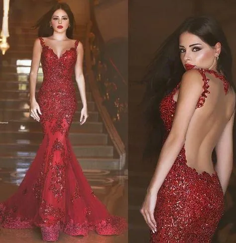 Gorgeous Red Mermaid V-neck Backless Prom Dresses with Beading Appliques For Spring Teens