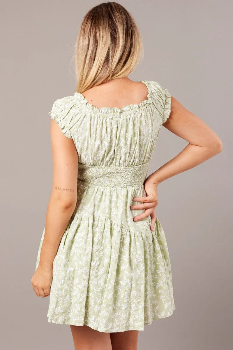 Green Ditsy Fit And Flare Dress Puff Sleeve