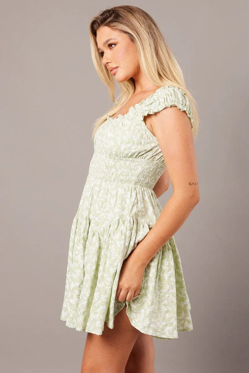 Green Ditsy Fit And Flare Dress Puff Sleeve