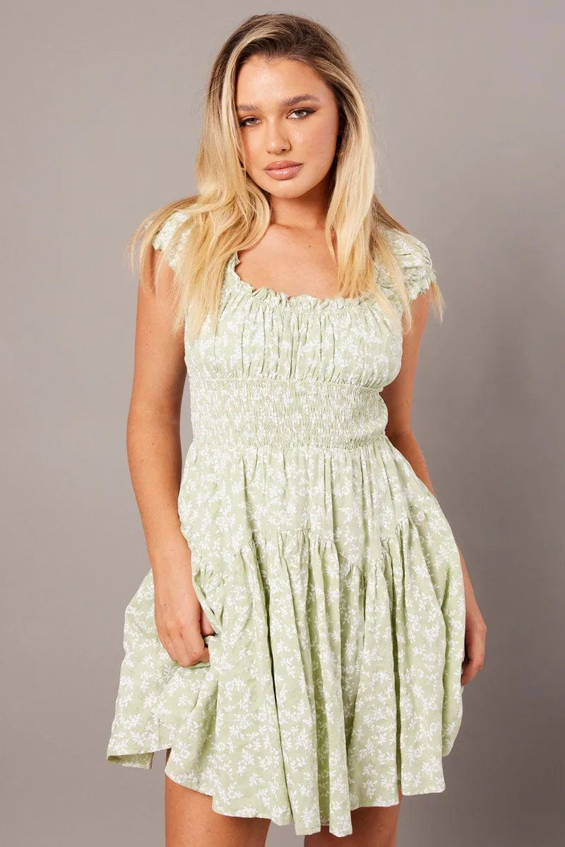 Green Ditsy Fit And Flare Dress Puff Sleeve