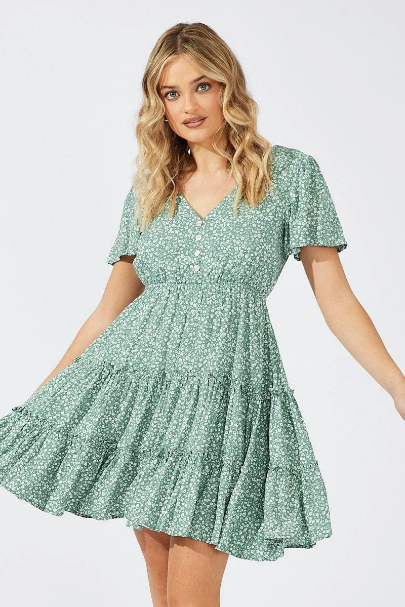 Green Ditsy Fit And Flare Dress V-neck Mini