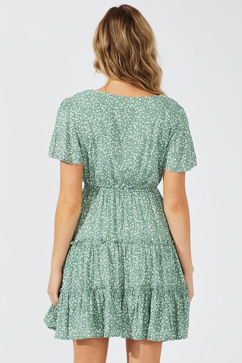 Green Ditsy Fit And Flare Dress V-neck Mini