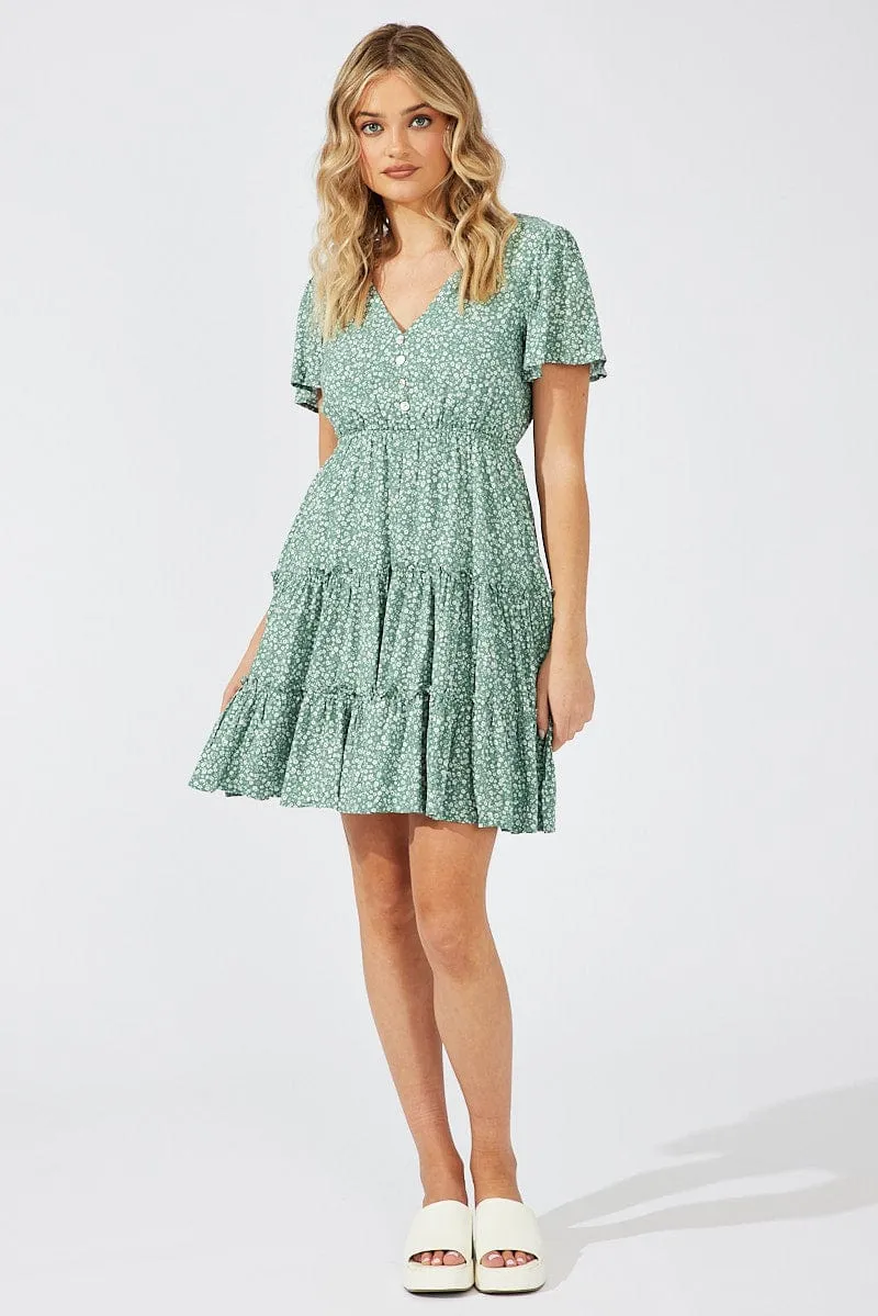 Green Ditsy Fit And Flare Dress V-neck Mini