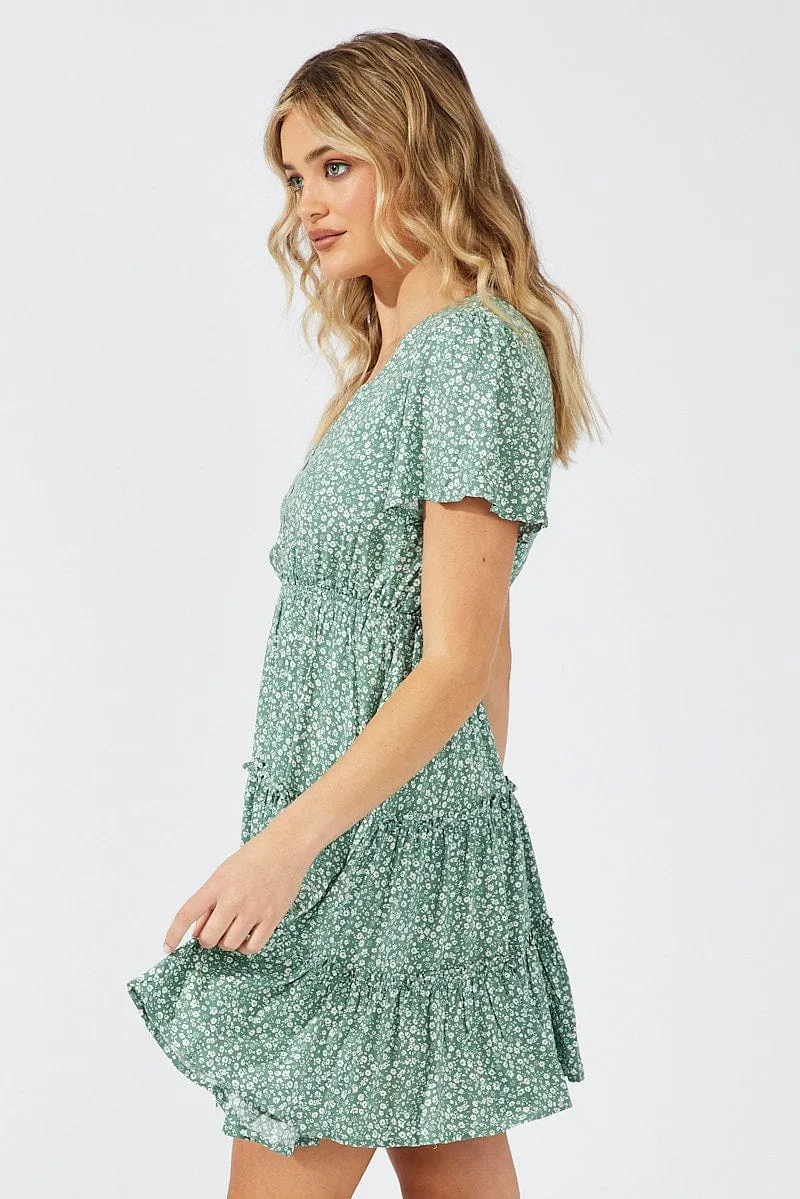 Green Ditsy Fit And Flare Dress V-neck Mini