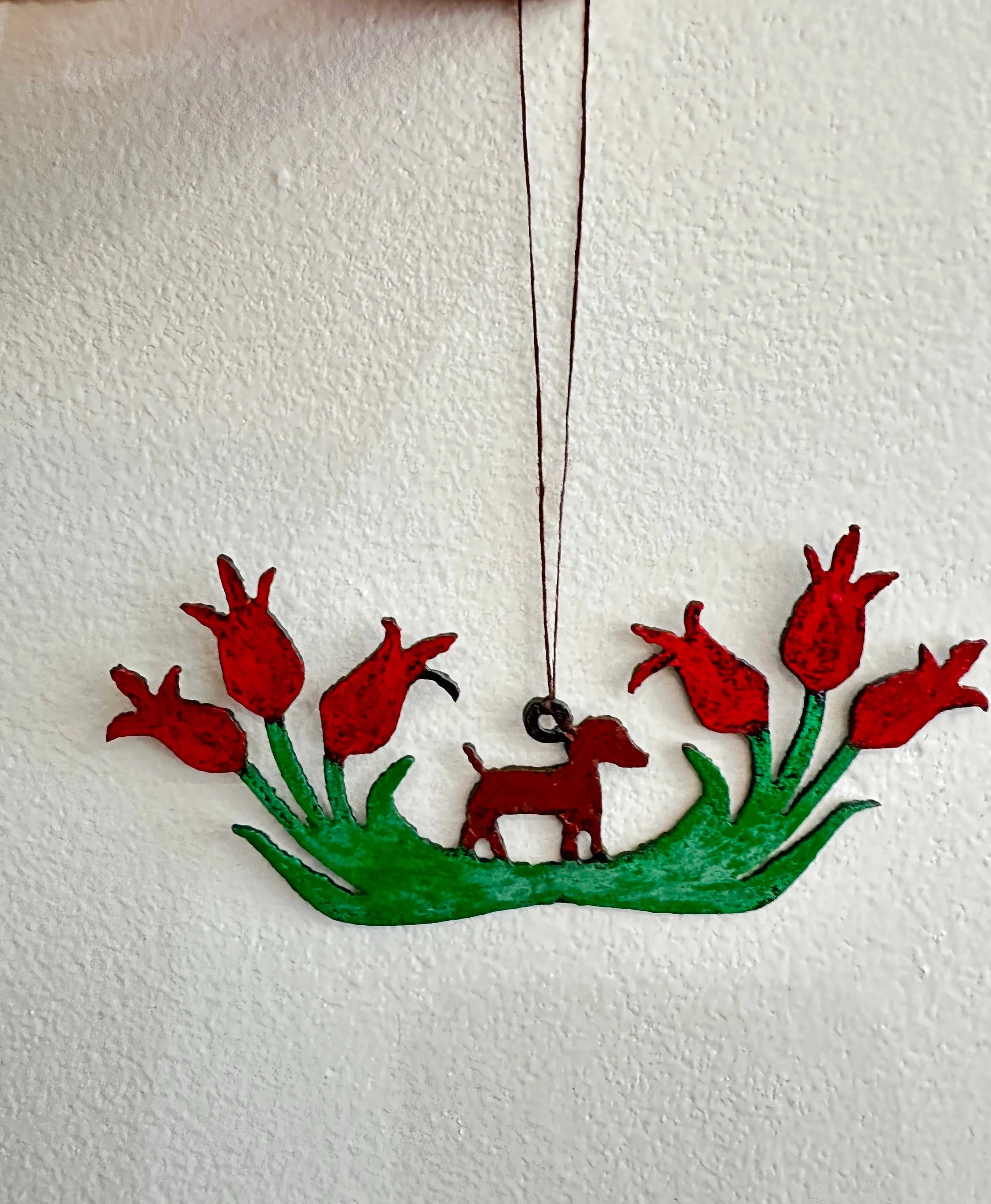 Hand Painted Whimsical Hanging Metal Art Garden Dog