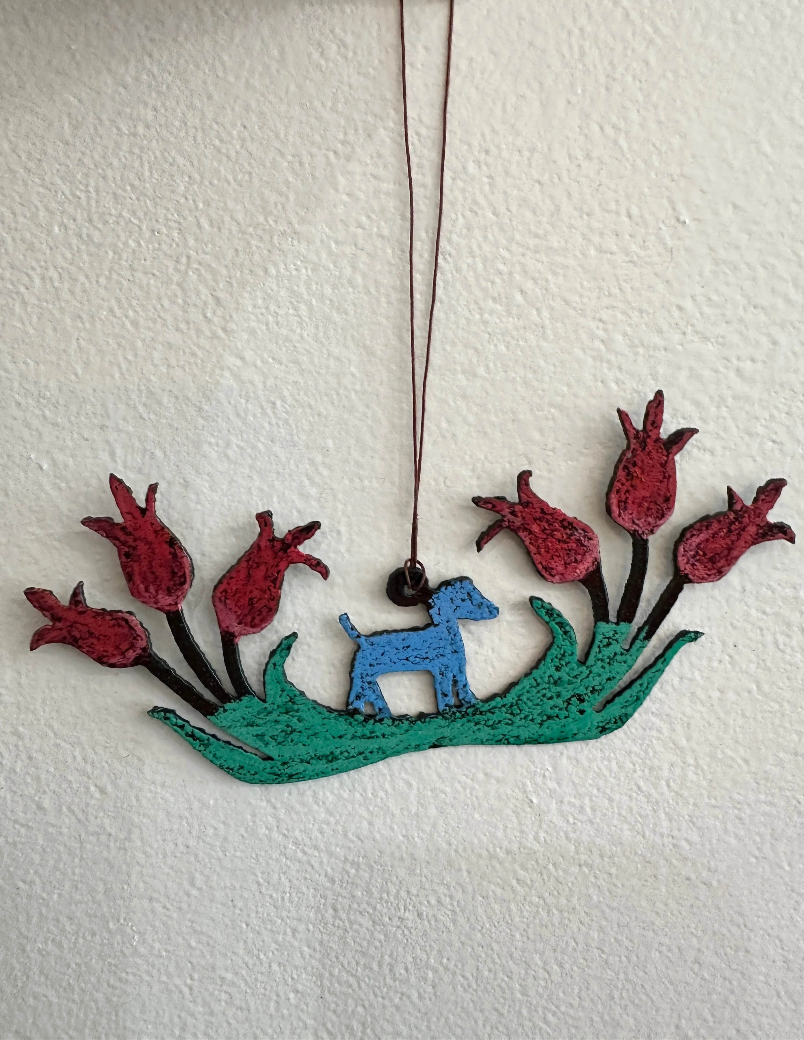 Hand Painted Whimsical Hanging Metal Art Garden Dog