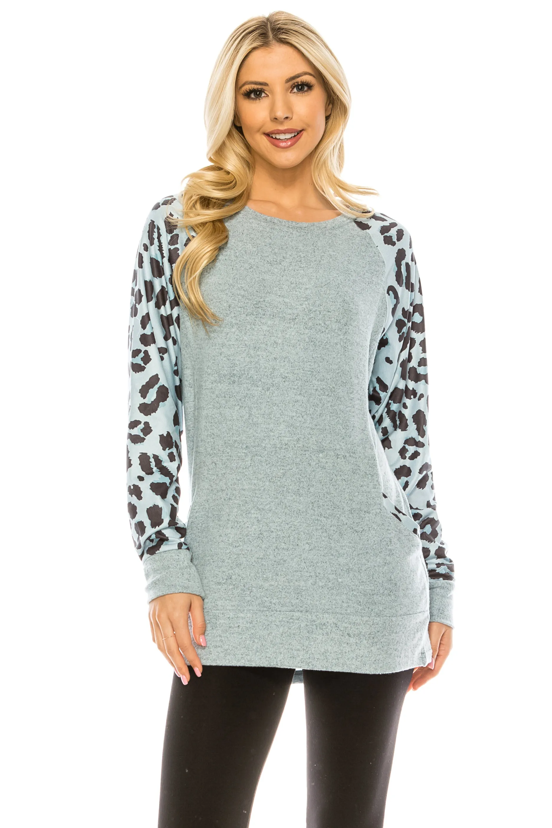 Haute Edition Women's Ultra Soft Long Sleeve Spring Pullover Leopard Raglan Sweatshirt