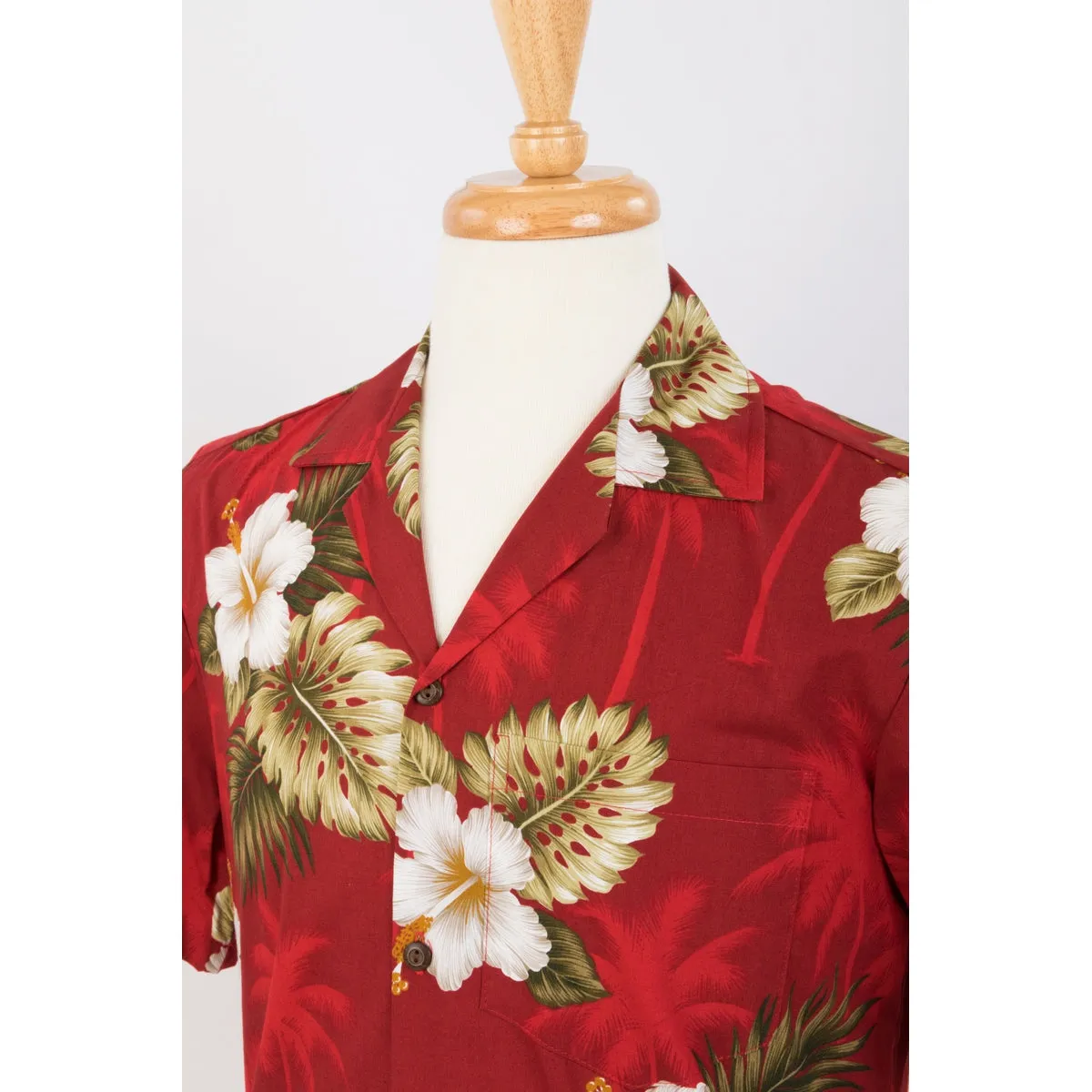 Hibiscus and Palm Tree Cotton Aloha Shirt | Red