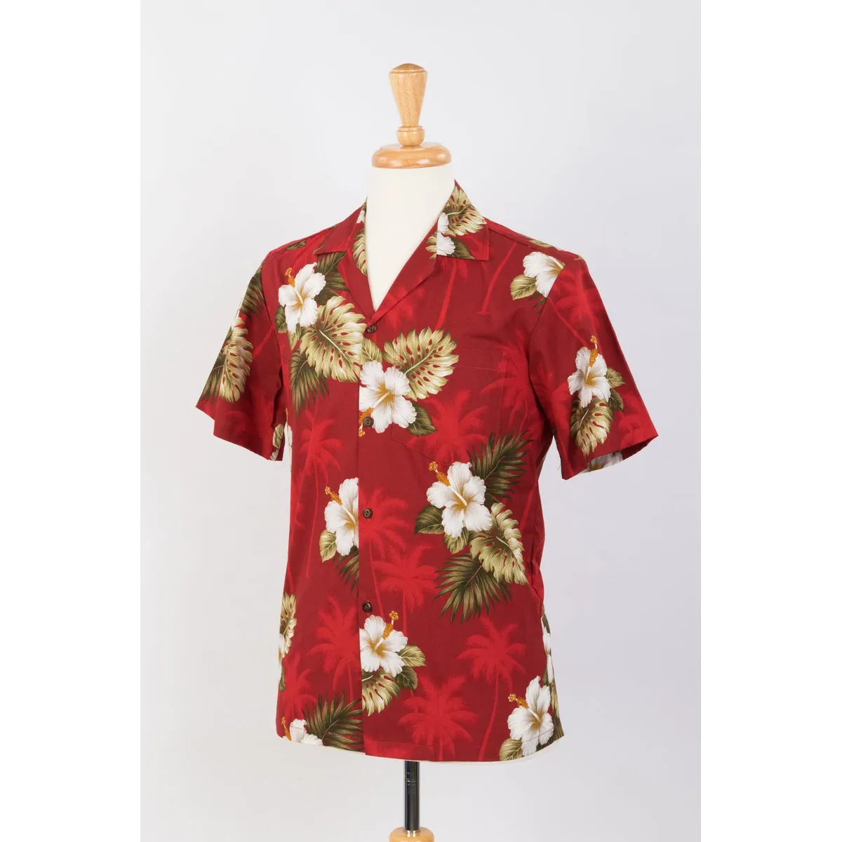 Hibiscus and Palm Tree Cotton Aloha Shirt | Red