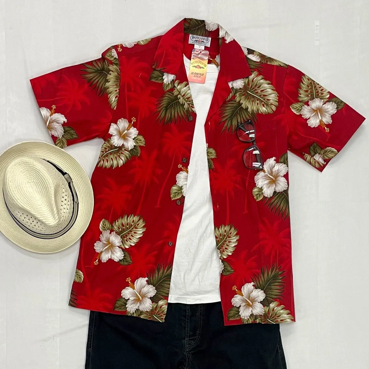 Hibiscus and Palm Tree Cotton Aloha Shirt | Red