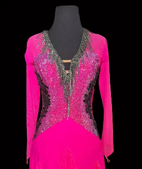 Hot Pink Long Sleeve Latin Dress with V-Neckline, Black Lace Appliqué, Swarovski Stones, Horsehair Hem, and Closed Back Sz S Lat192