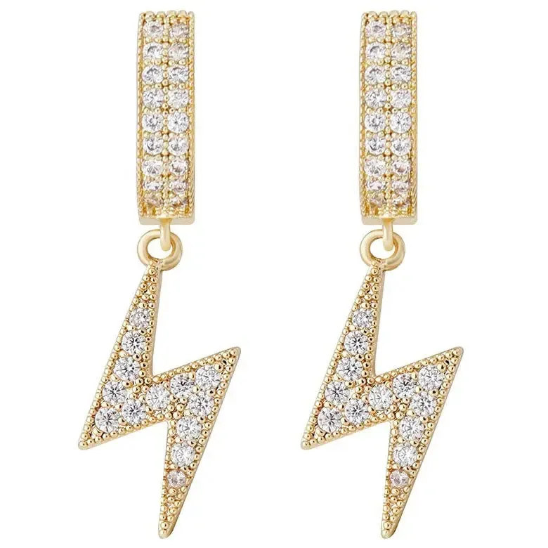 Iced Lightning Hoop Earrings in Yellow Gold