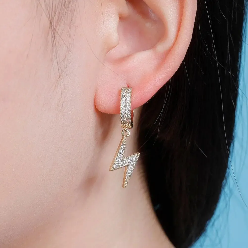 Iced Lightning Hoop Earrings in Yellow Gold