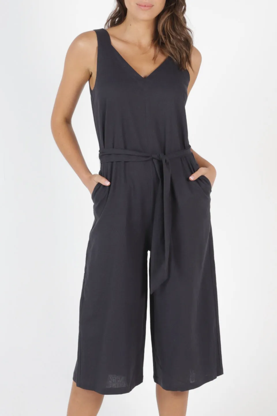 Joey Linen Blend Indy Grey Strappy Jumpsuit