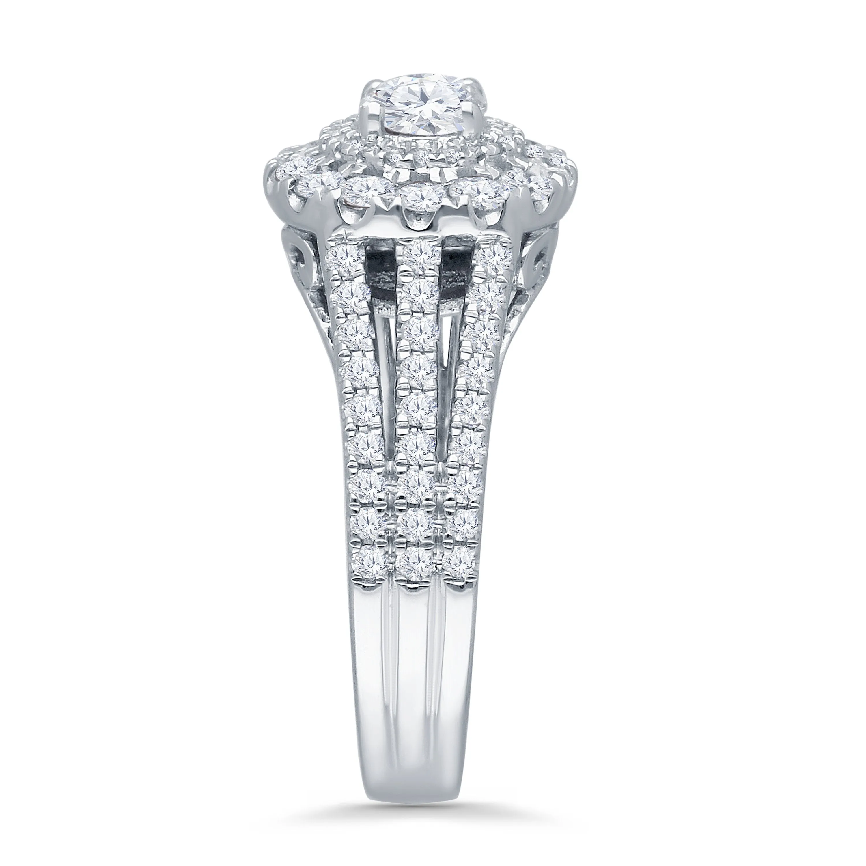 Kallati Eternal Triple Shank, Round Halo Diamond Engagement Ring in 14K White Gold