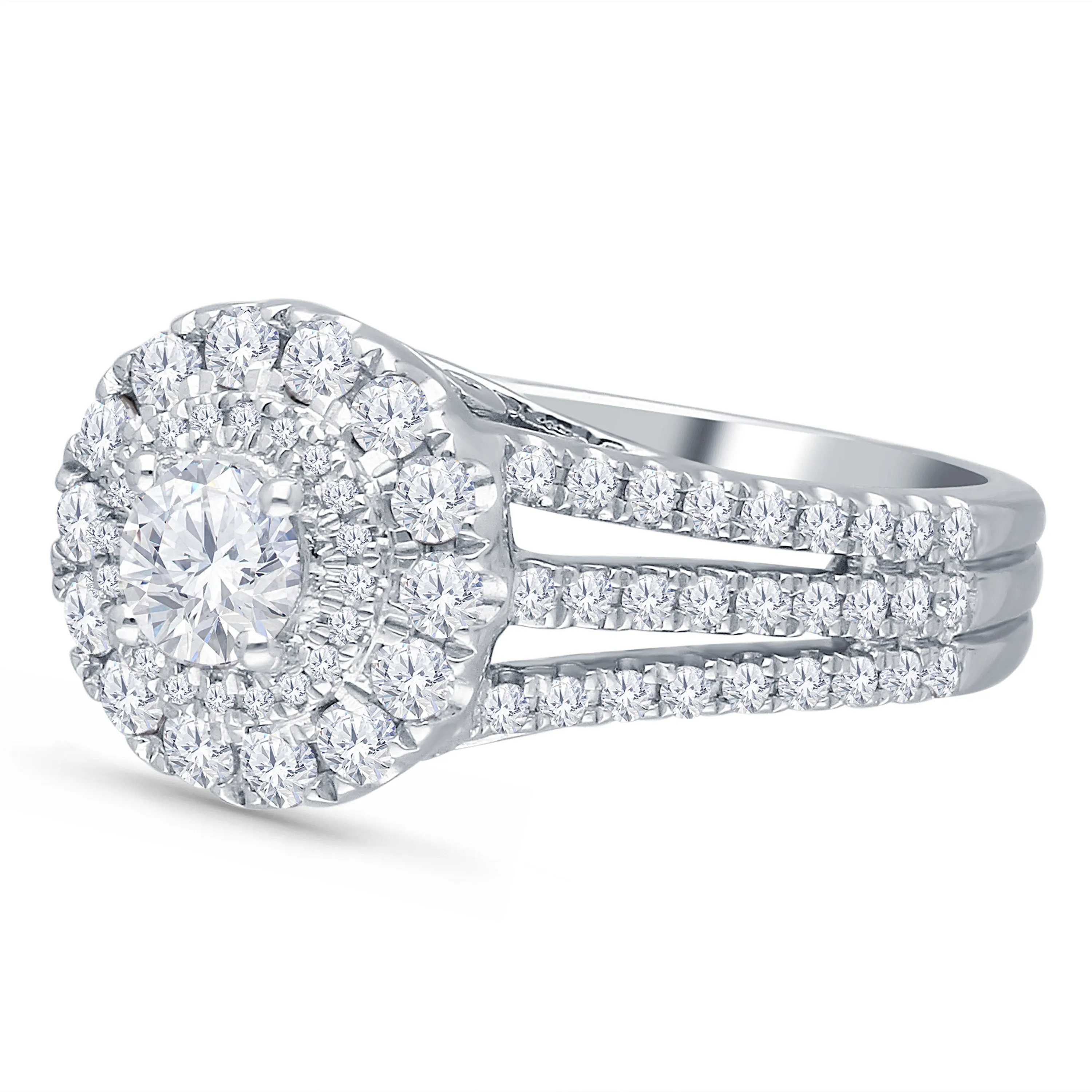 Kallati Eternal Triple Shank, Round Halo Diamond Engagement Ring in 14K White Gold